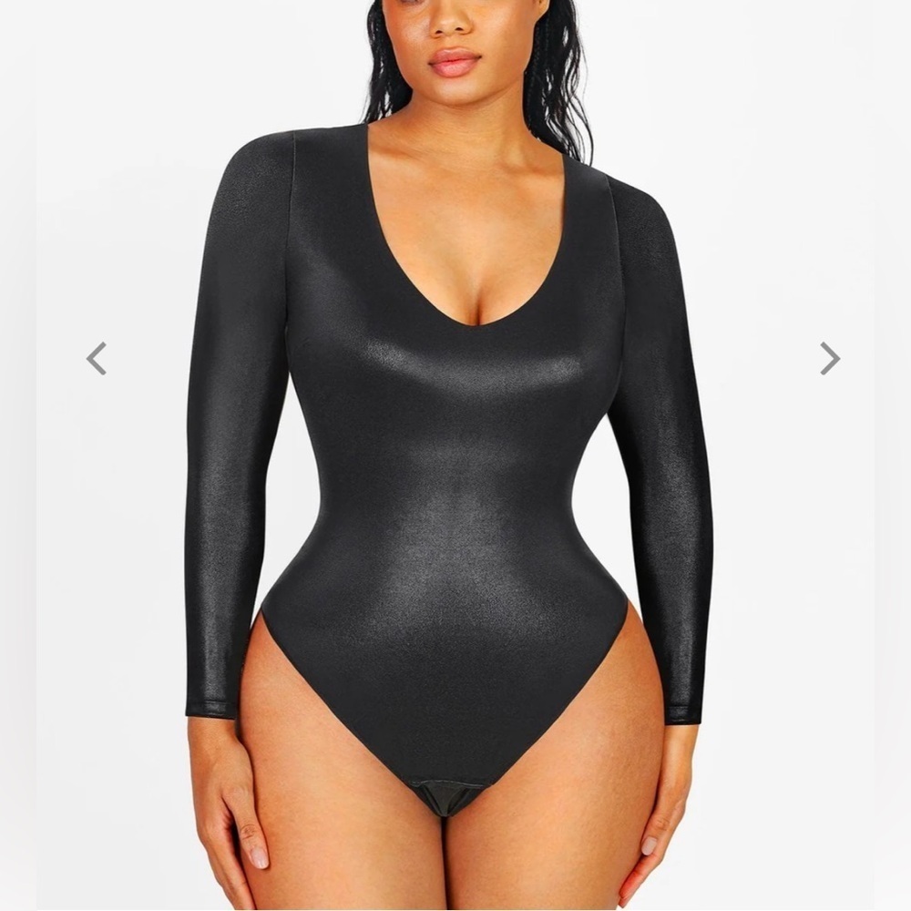 POPILUSH Shapewear Long Sleeve Faux Leather V-Neck Sculpting Bodysuit - NWT